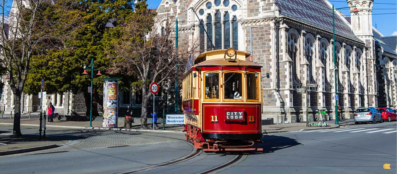 Christchurch Arts Centre located in the CBD, with one of the city's iconic trams.