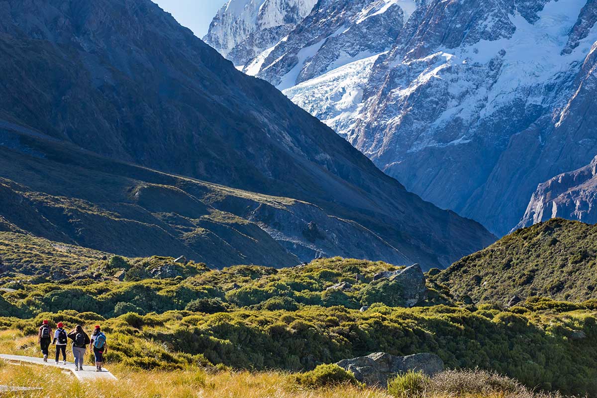 UC students on the Elaine P. Snowden Astronomy School field trip walking along a valley track between the Mt Cook mountain ranges.