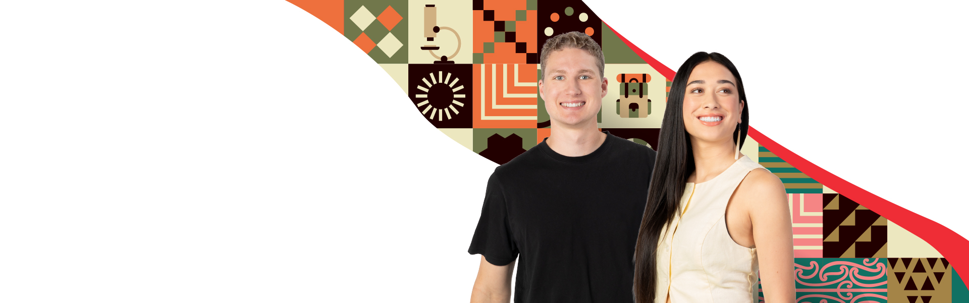 UC Choice student Magdalene on a colourful wave background of icons, with text indicating their study in Law, and interests in mountainbiking and the outdoors.