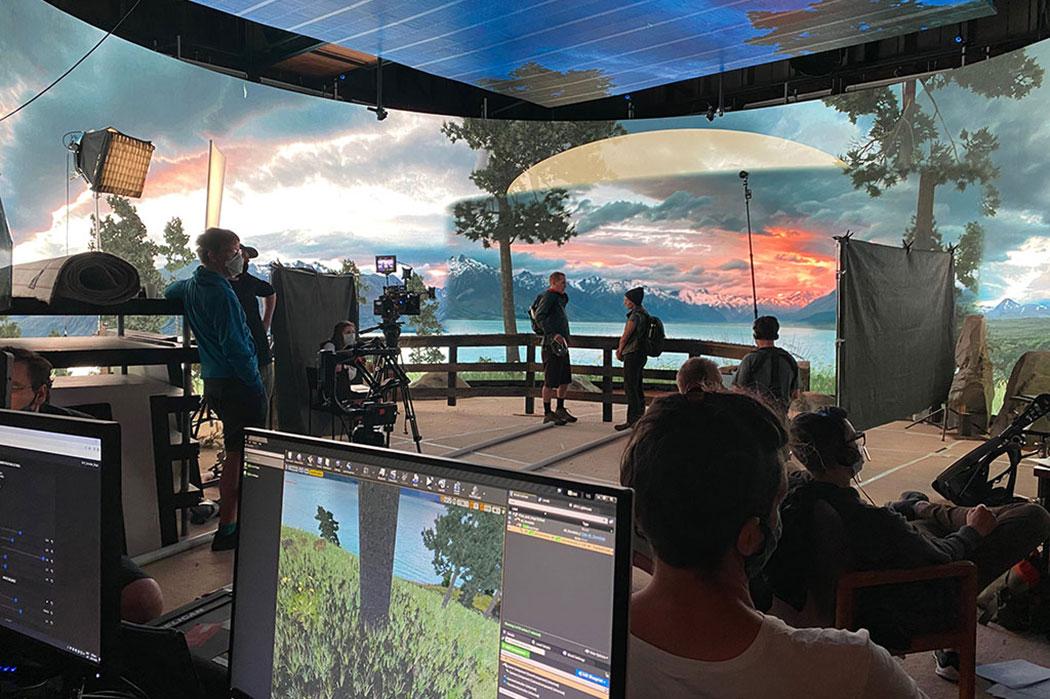 UC students filming a scene using the Virtual Screen Production stage.