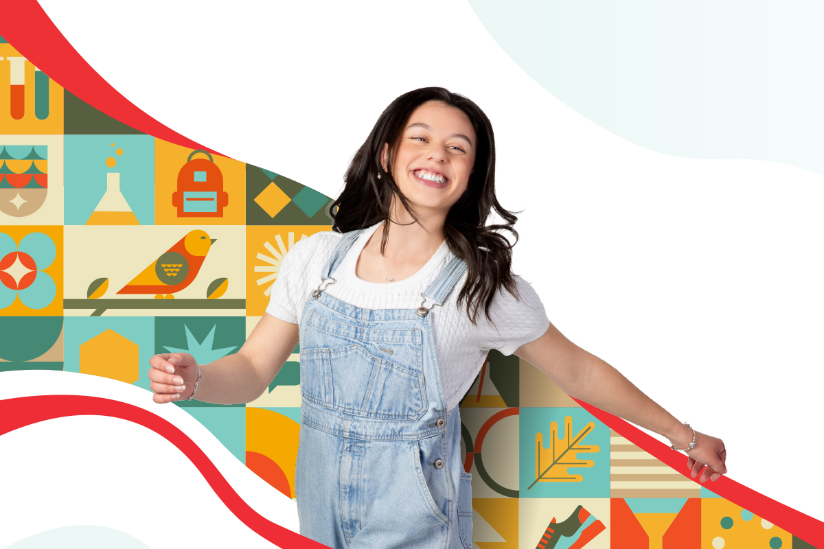 UC student Miriélle standing in front of a graphical ribbon of colourful icons.