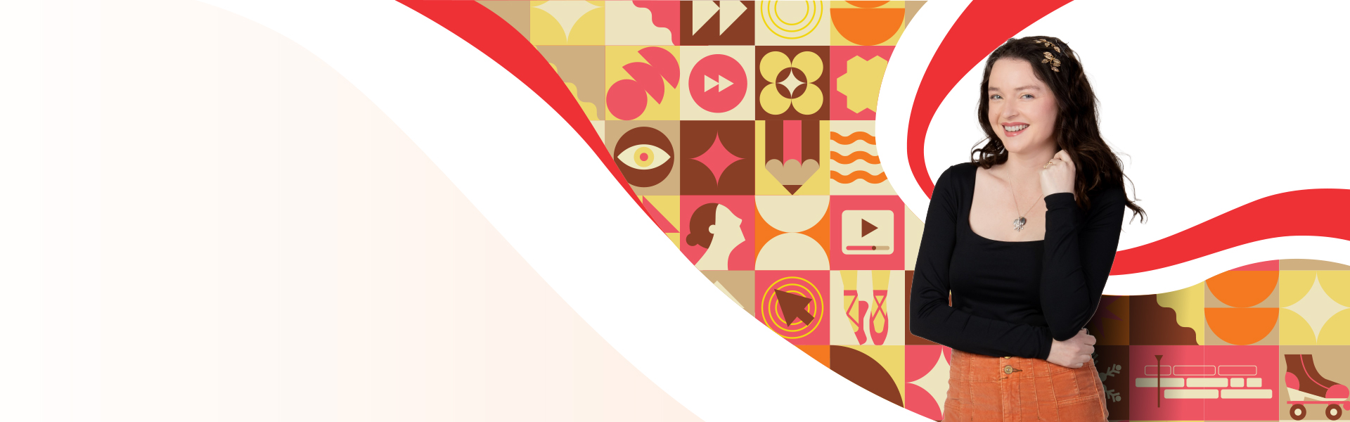 UC student Bethany with a graphical ribbon illustration made up of icons showcasing their study journey.