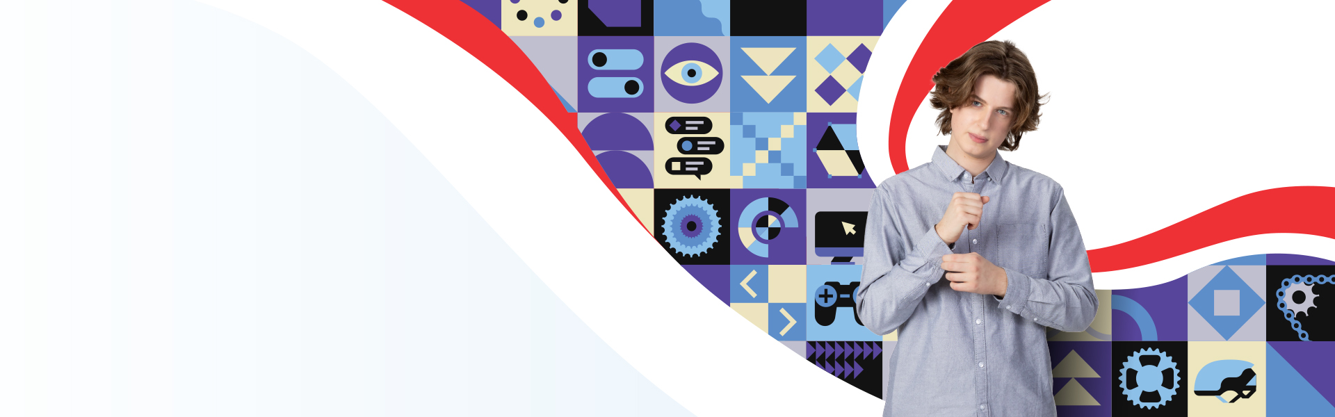 UC student Jack with a graphical ribbon illustration made up of icons showcasing their study journey.
