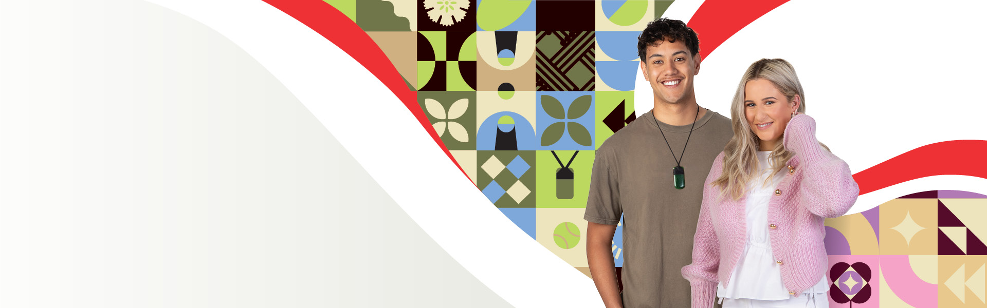 UC students Kias and Lucy with a graphical ribbon illustration made up of icons showcasing their study journey.