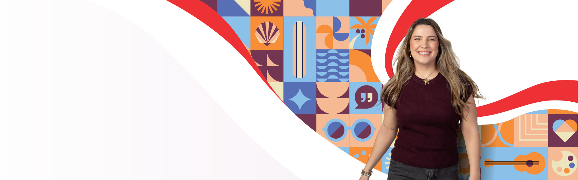 UC student Leela with a graphical ribbon illustration made up of icons showcasing their study journey.