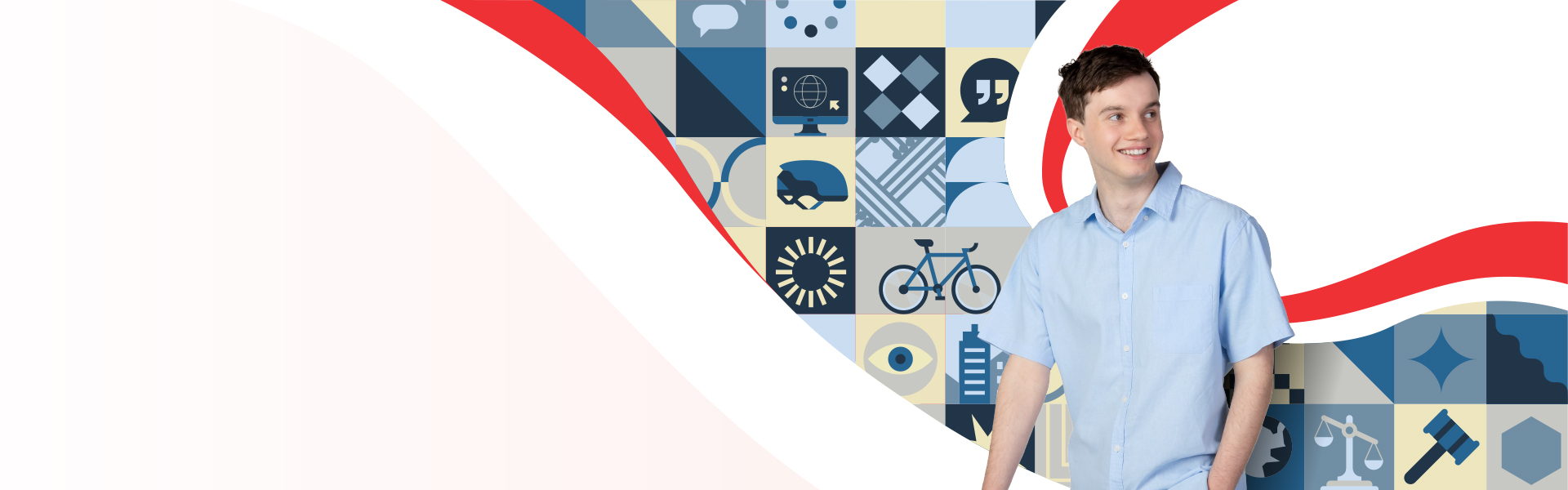 UC student Liam with a graphical ribbon illustration made up of icons showcasing their study journey.