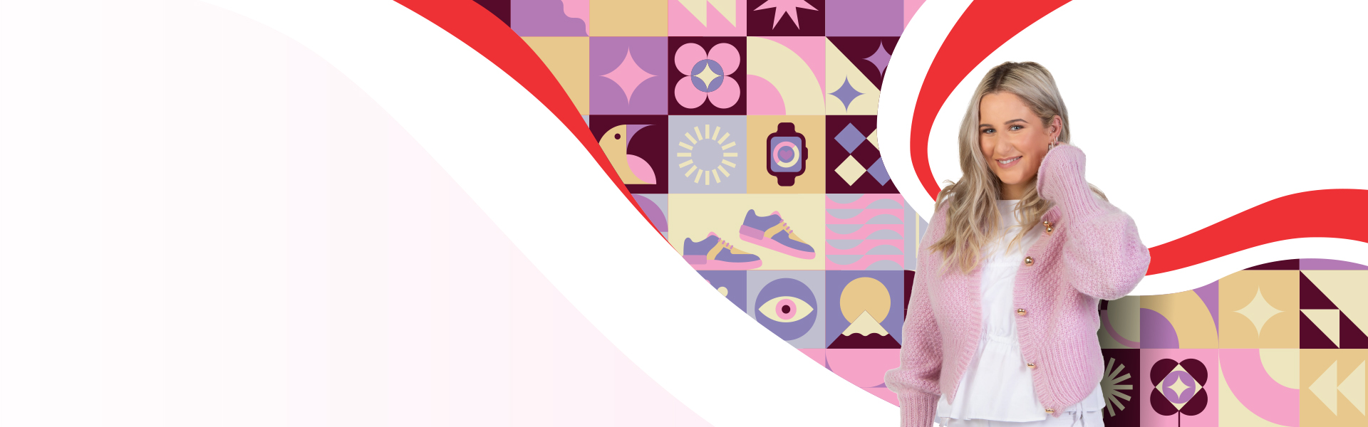 UC student Lucy with a graphical ribbon illustration made up of icons showcasing their study journey.