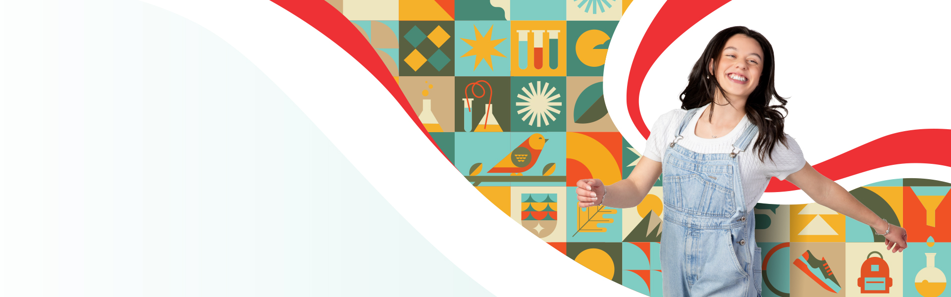 UC student Miriélle with a graphical ribbon illustration made up of icons showcasing their study journey.