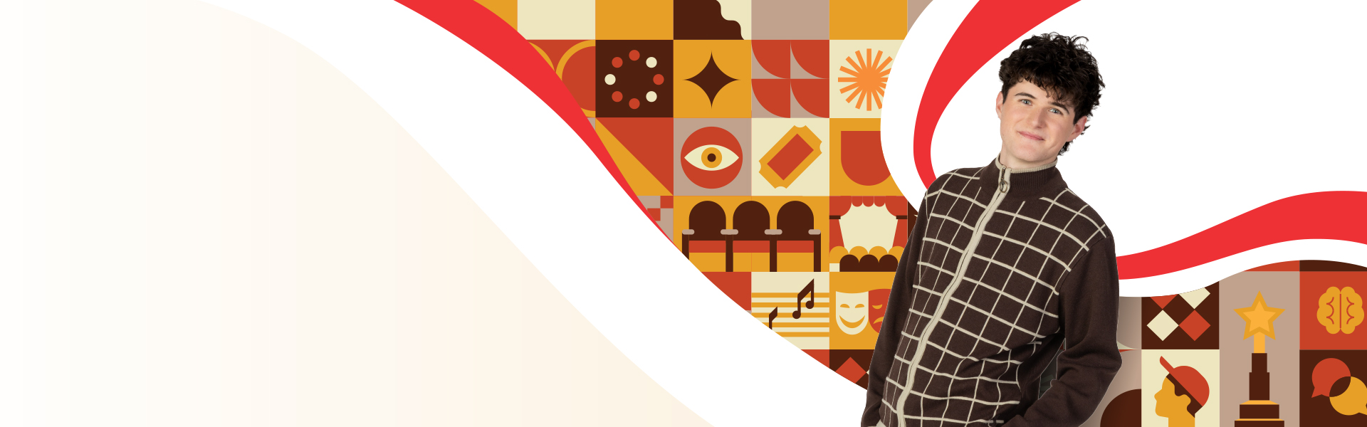 UC student Rhys with a graphical ribbon illustration made up of icons showcasing their study journey.