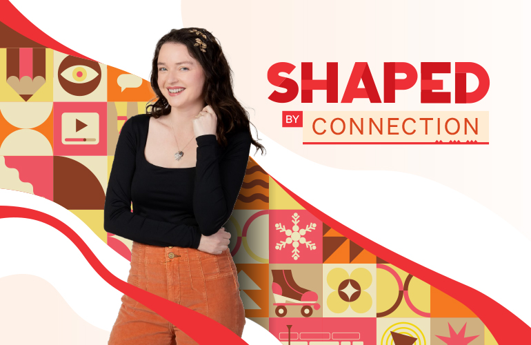 UC student Bethany with a graphical ribbon illustration made up of icons showcasing their Bachelor of Digital Screen with Honours study journey.