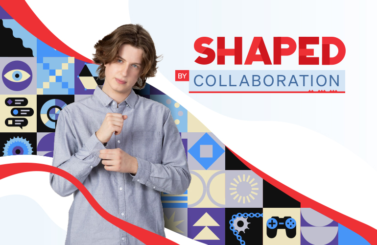 UC student Jack with a graphical ribbon illustration made up of icons showcasing their study journey.