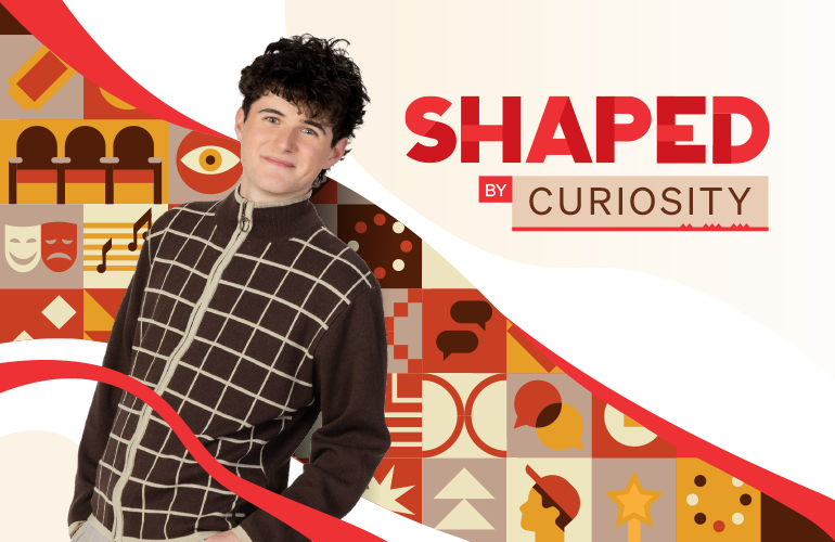 UC student Rhys with a graphical ribbon illustration made up of icons showcasing their study journey.