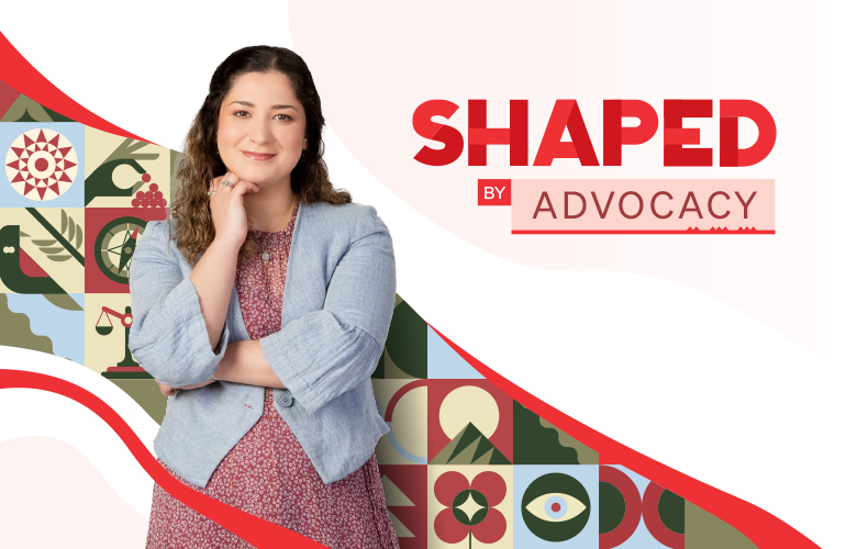 UC student Yasaman with a graphical ribbon illustration made up of icons showcasing their Bachelor of Law and Criminal Justice study journey.