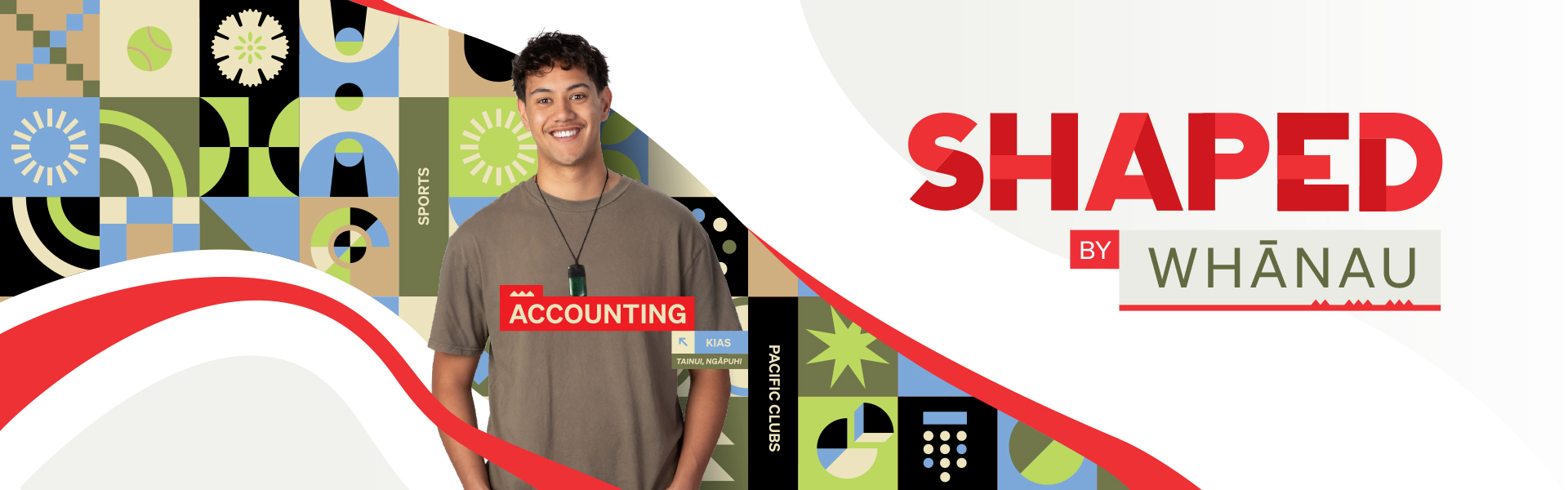 UC student Kias with a graphical ribbon illustration made up of icons showcasing their Bachelor of Commerce study journey.