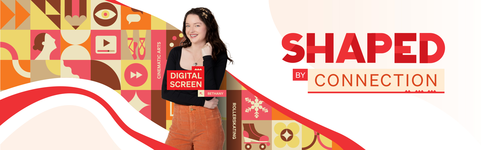 UC student Bethany with a graphical ribbon illustration made up of icons showcasing their Bachelor of Digital Screen with Honours study journey.