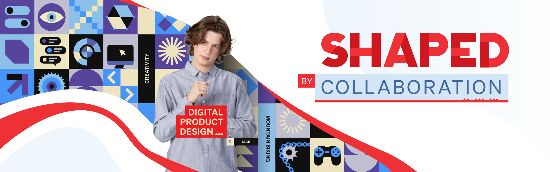 UC student Jack with a graphical ribbon illustration made up of icons showcasing their study journey.