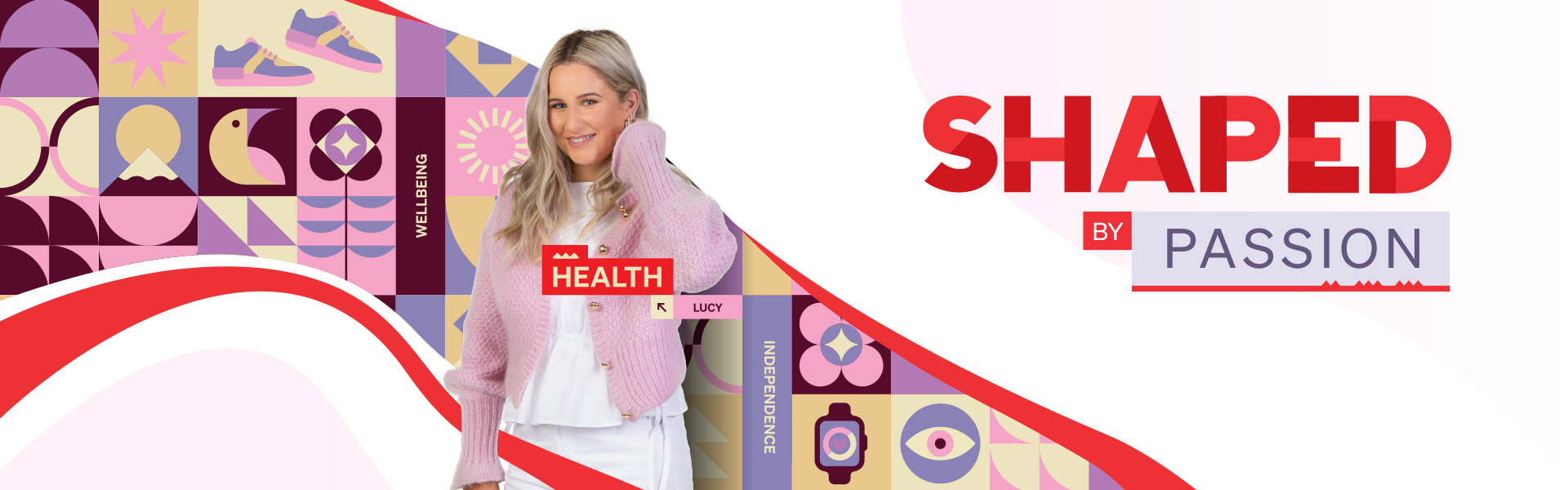 UC student Lucy with a graphical ribbon illustration made up of icons showcasing their Bachelor of Health study journey.