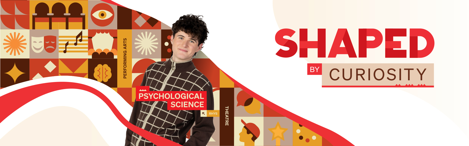 UC student Rhys with a graphical ribbon illustration made up of icons showcasing their study journey.