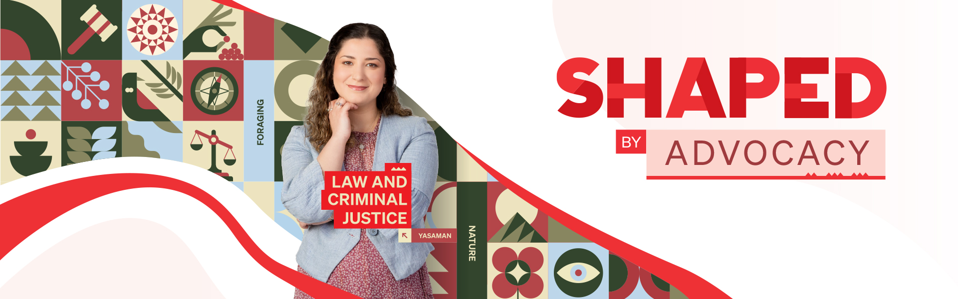 UC student Yasaman with a graphical ribbon illustration made up of icons showcasing their Bachelor of Law and Criminal Justice study journey.