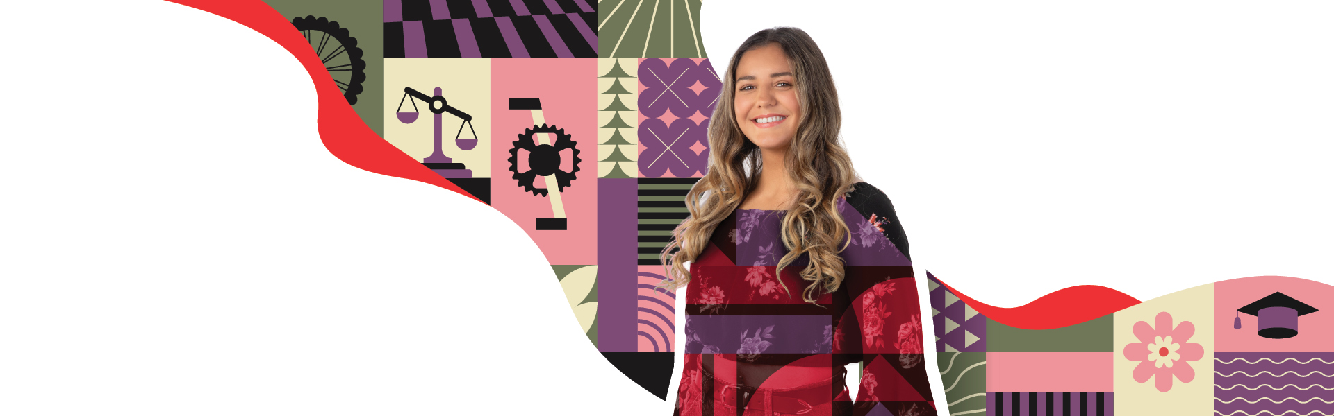 UC Choice student Magdalene on a colourful wave background of icons, with text indicating their study in Law, and interests in mountainbiking and the outdoors.