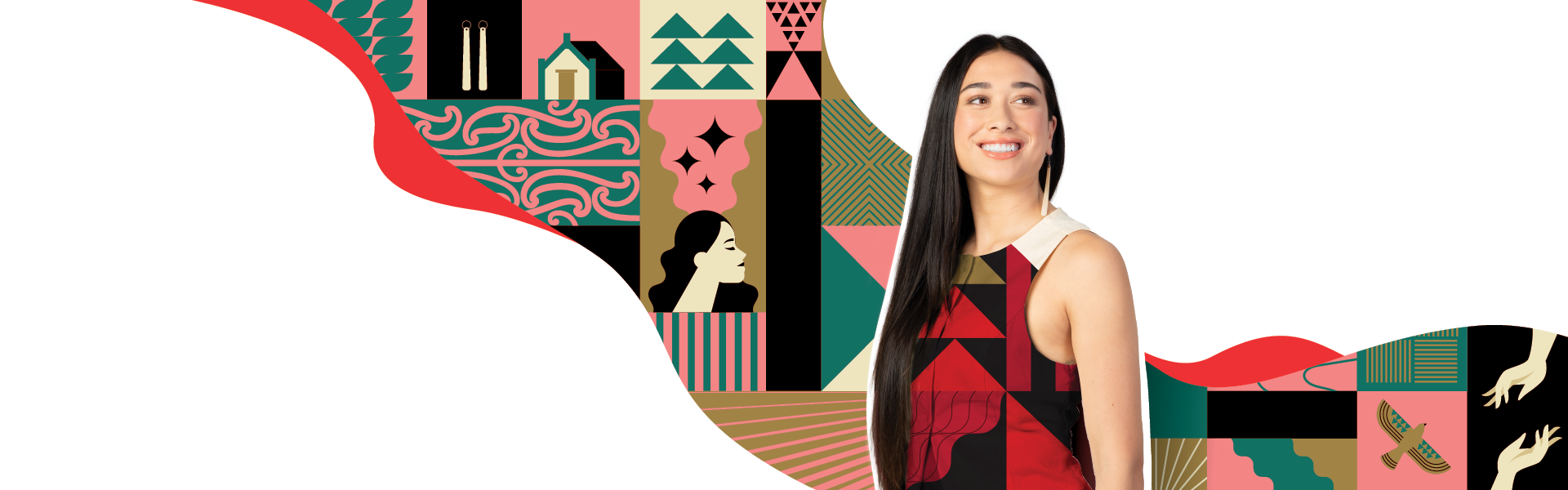 UC Choice student Wairaamia with a graphical ribbon illustration made up of icons showcasing their Bachelor of Arts study journey with UC.