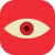 Graphic of an eye on a red background.