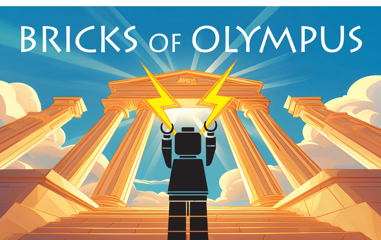 Graphic of a mini figure holding two lightening bolts with a Greek temple behind. 