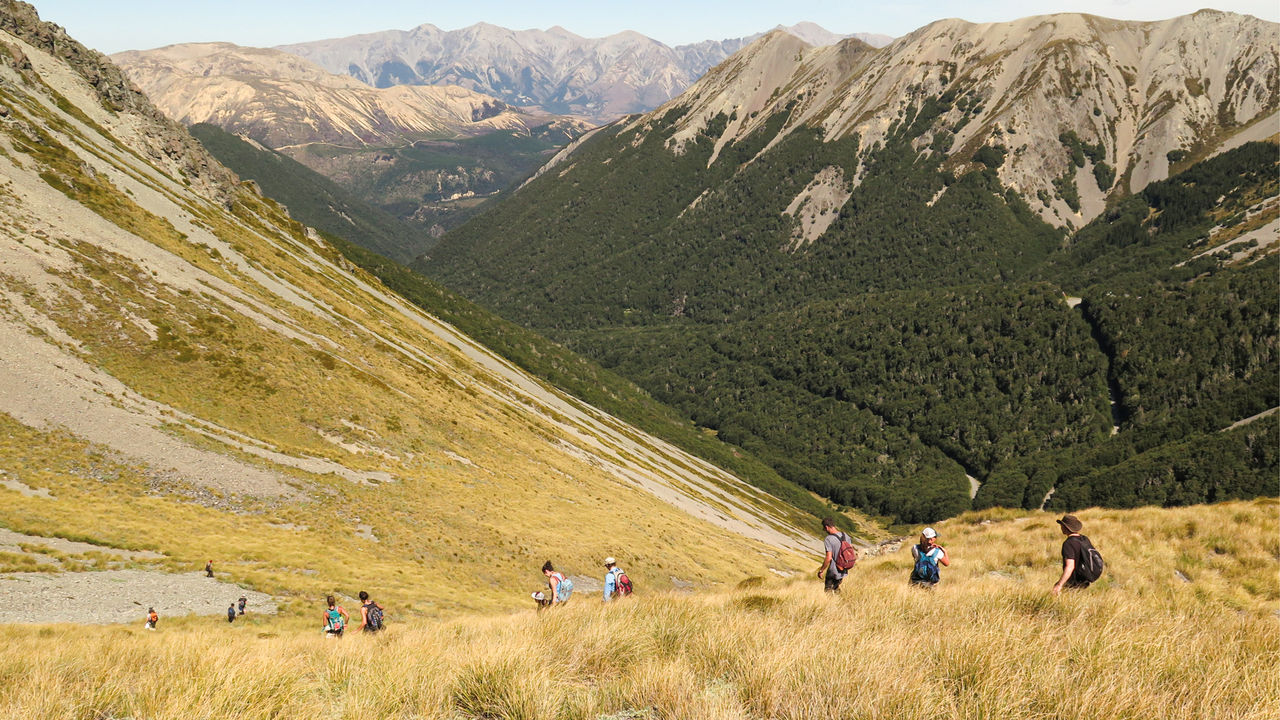Students crossing a mountainside during Biology 305 field course