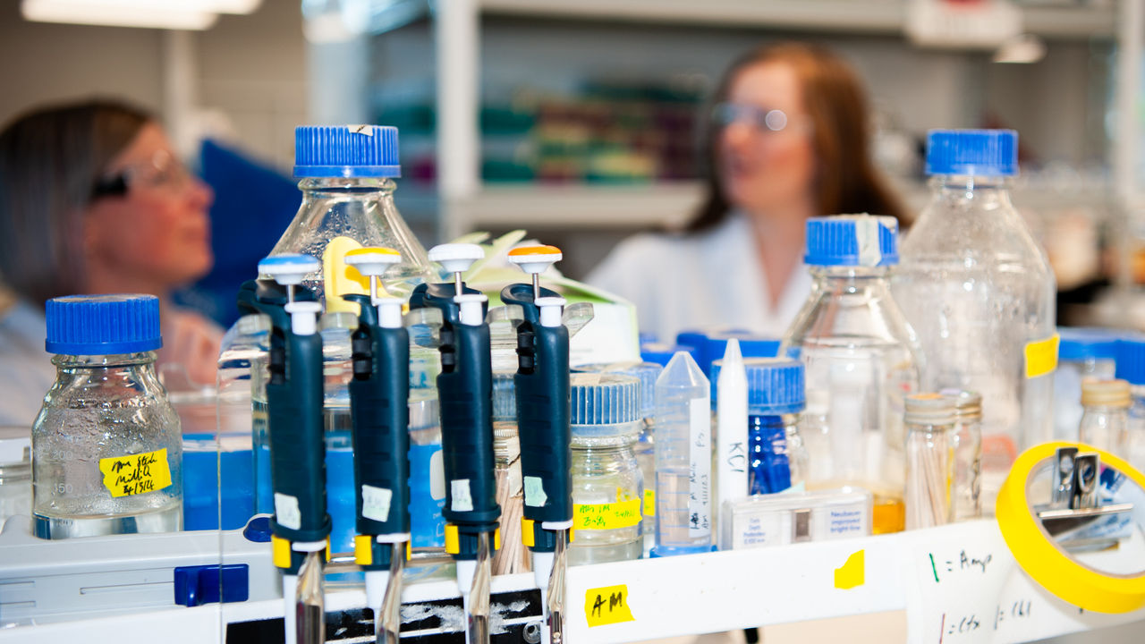 View of a biology laboratory with students in the background