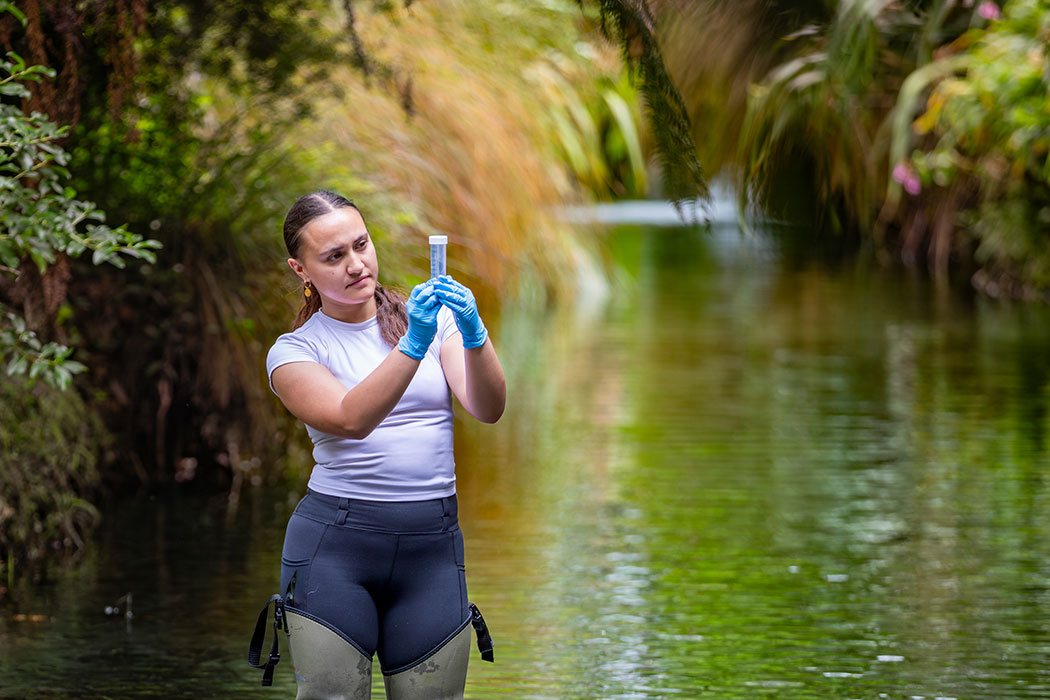 Person wearing waders standing in a stream holding a test tube sample.