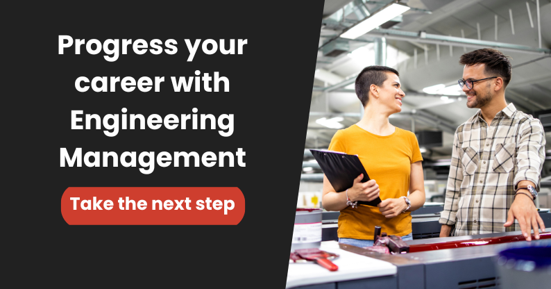 A photo of two engineers talking in an industrial facility, with text inviting readers to study the Master of Engineering Management.