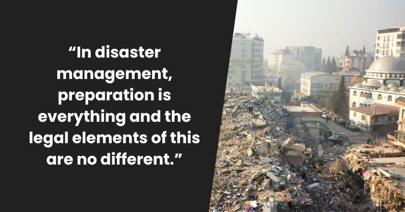 An image of a city with significant damage following a natural disaster, alongisde a quote from this article.