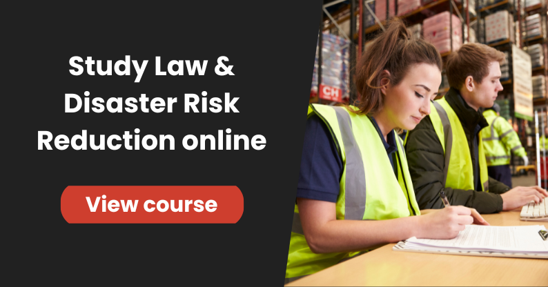 An image of two young warehouse workers in high-vis vests, with the text “Study Law and Disaster Reduction Online.”