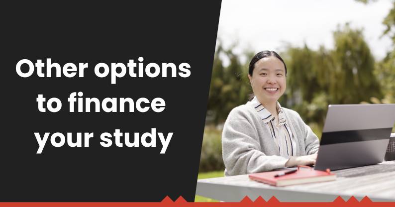 A UC Online Student looks up from a laptop, smiling confidently, after researching a range of study funding options.