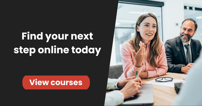 A confident woman leans forward during a boardroom discussion, next to the text “Find your next step online today.”