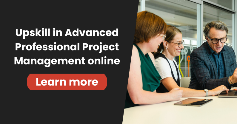 Upskill for a career in project management online through Advanced Professional Project Management course like these three professionals talking around a laptop in an office setting.