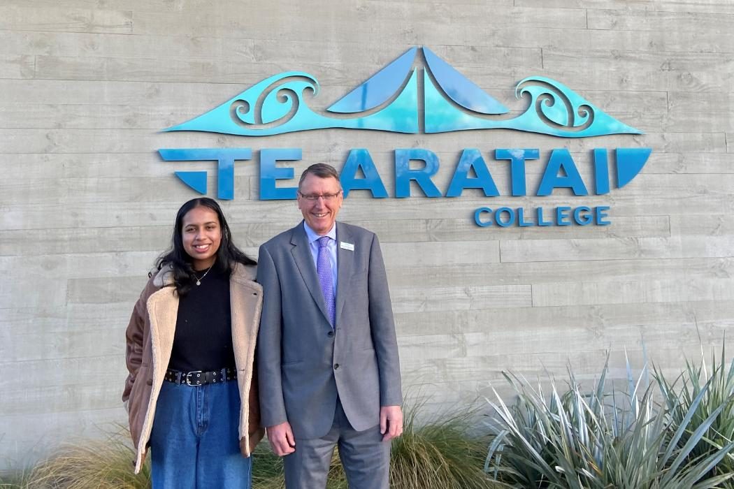 Ashlin Chandra (left) with Principal from Te Aratai College