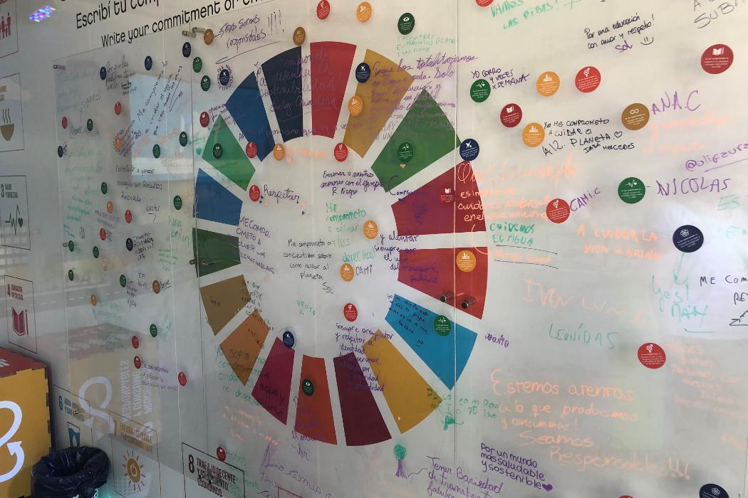 Whiteboard with scribbled notes around the SDG colour wheel logo.