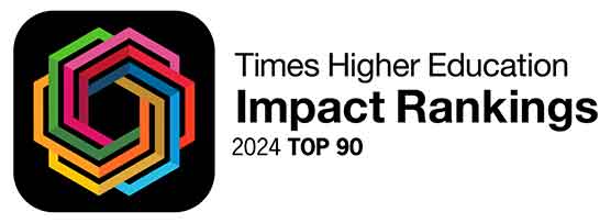Times Higher Education (THE) logo crest with UC's 2024 ranking in the Top 90.