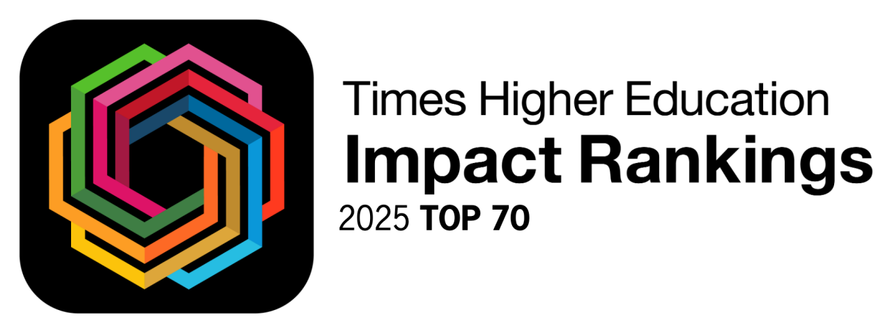 Times Higher Education (THE) logo crest with UC's 2025 Impact ranking in the Top 70.