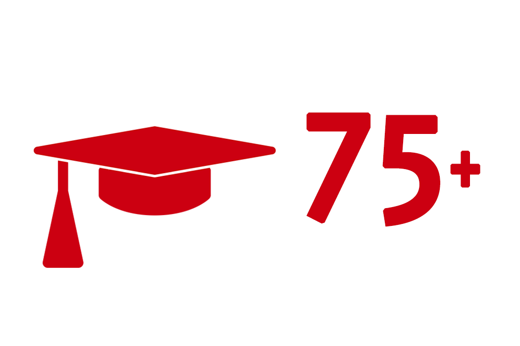 Icon of a graduation cap with "75 plus".