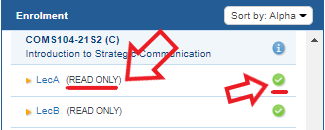 Enrolment box showing 'Read only' underlined in red with a red arrow pointing to it. Next to this is a green circle with a white tick underlined in red with a red arrow pointing to it.