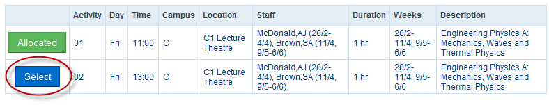 a table with two rows and ten columns showing activity details like day, tike, location and description, with a green button that says 'allocated' and a blue button that says 'select' which is circled in red.