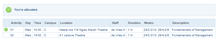 Screenshot of part of a student timetable that selects the first line with a green tick for Fundamentals of Management