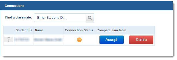 Box showing classmates' 'Connections' area with a blue button that says 'accept' and a red button that says 'delete'.