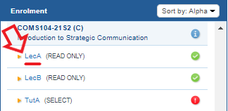Enrolment box with a red arrow pointing to a row which says 'LecA (READ ONLY)' and has a green circle with a white tick.