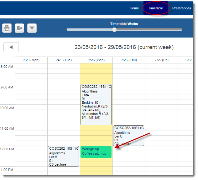 Example of a student timetable with a red arrow pointing to a green appointmet box which says 'workgroup coffee catch up'.