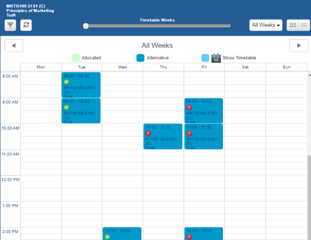 A timetable page showing lectures on Tuesday in blue boxes with green circles with white ticks, and lectures on Thursday and Friday in blue boxes with red circles and white exclamation marks. 