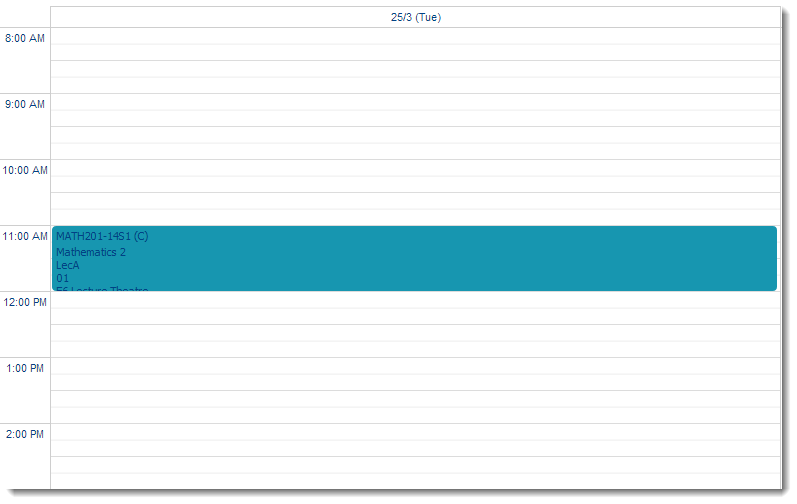 Screenshot of timetable with an 11am to 12pm appointment on Tuesday 25 March selected.