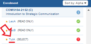 section of a timetable with he heading 'Enrolment' on a blue menu bar, with four rows below. The fourth row has a red arrow pointing at it and it says Tut A (Select) with a red circle containing a white exclamation mark.